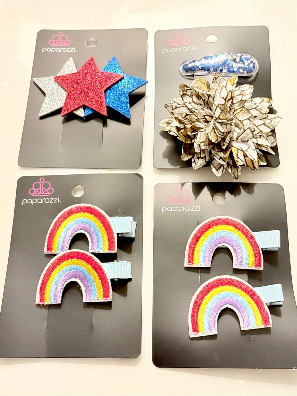 paparazzi Rainbow & Star Kids Hair Clip Set of 7pc- Red Blue Silver Gold Pink